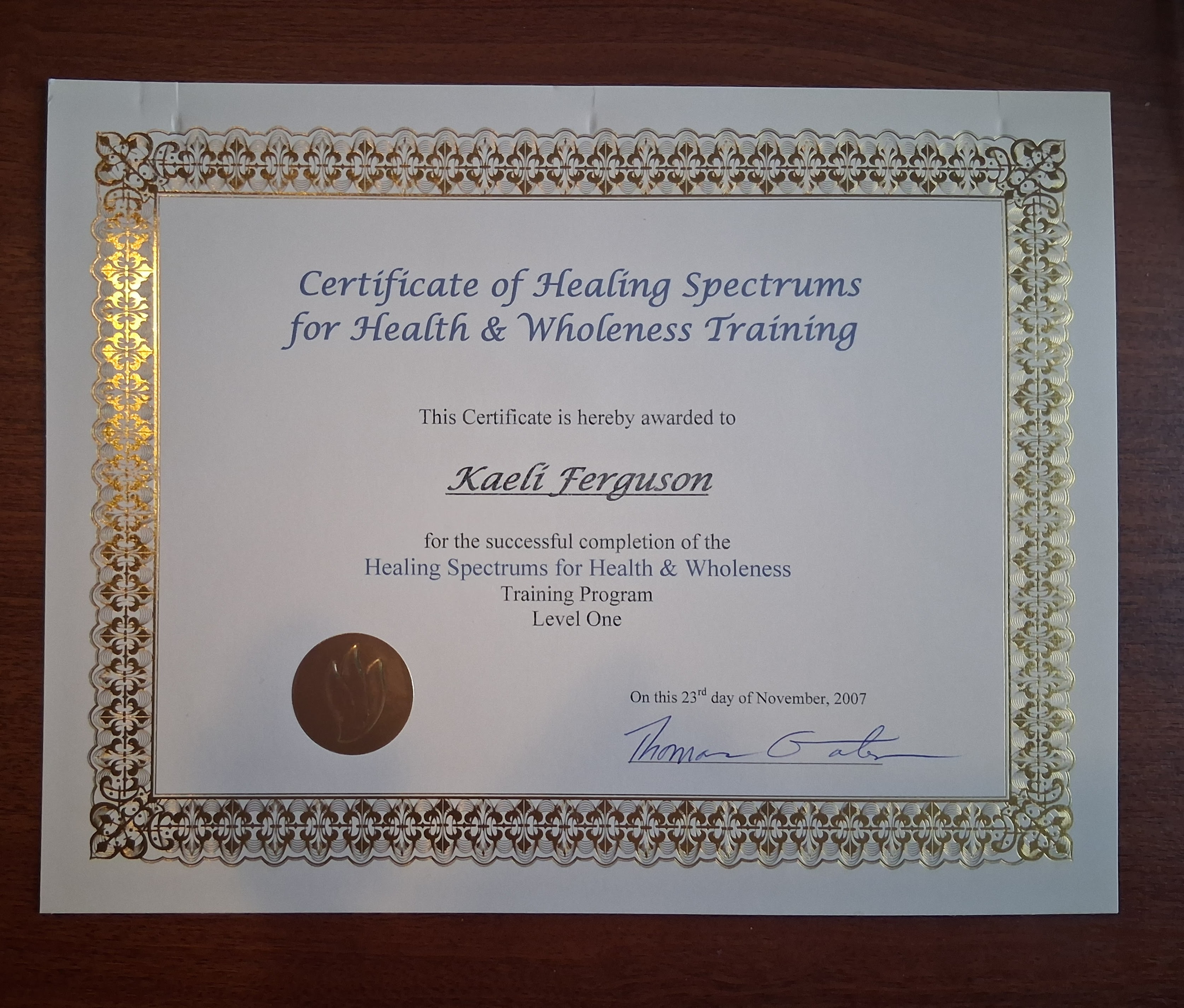 Certificate of Healing Spectrums for Health & Wholeness Training